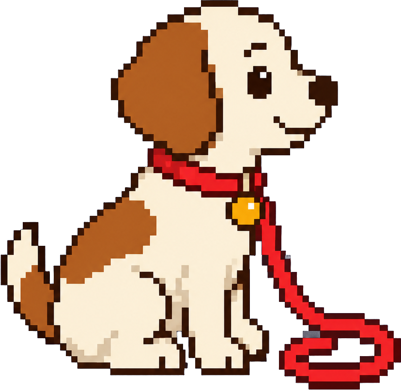 The Leash dog, sitting, with a red collar and a gold tag